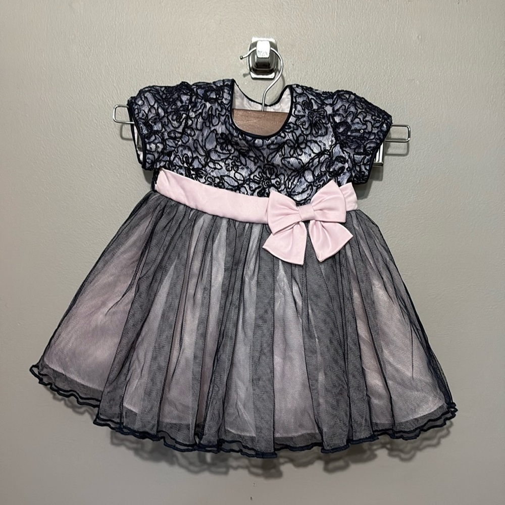 Bonnie Baby NWOT Pink & Navy Blue, Sequin Lace Tulle Over Pink Dress w/Bow